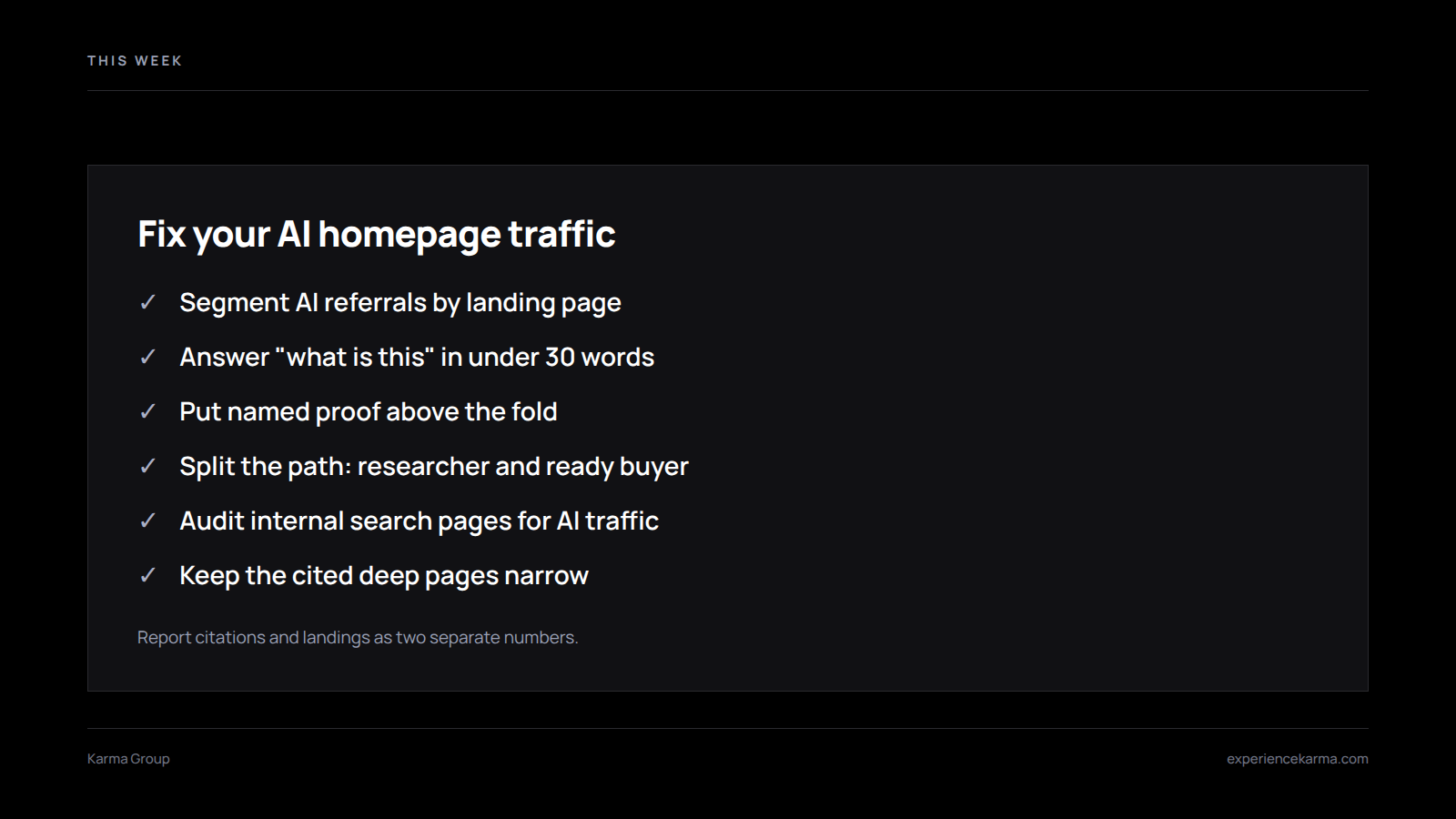 Checklist of six steps to fix AI homepage traffic, starting with segmenting AI referrals by landing page