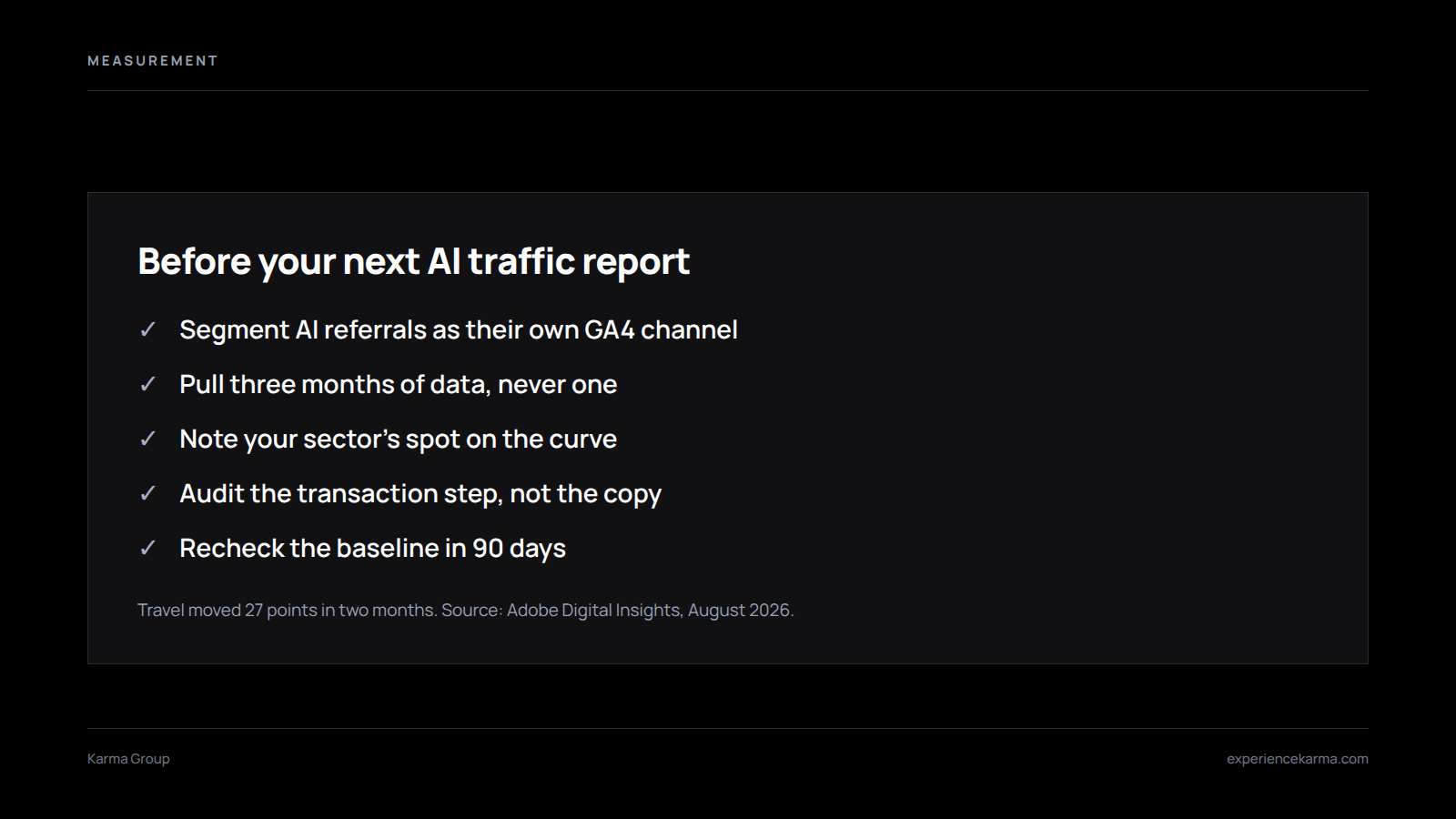 Checklist of five steps for benchmarking AI traffic conversion, including segmenting AI referrals in GA4 and pulling three months of data