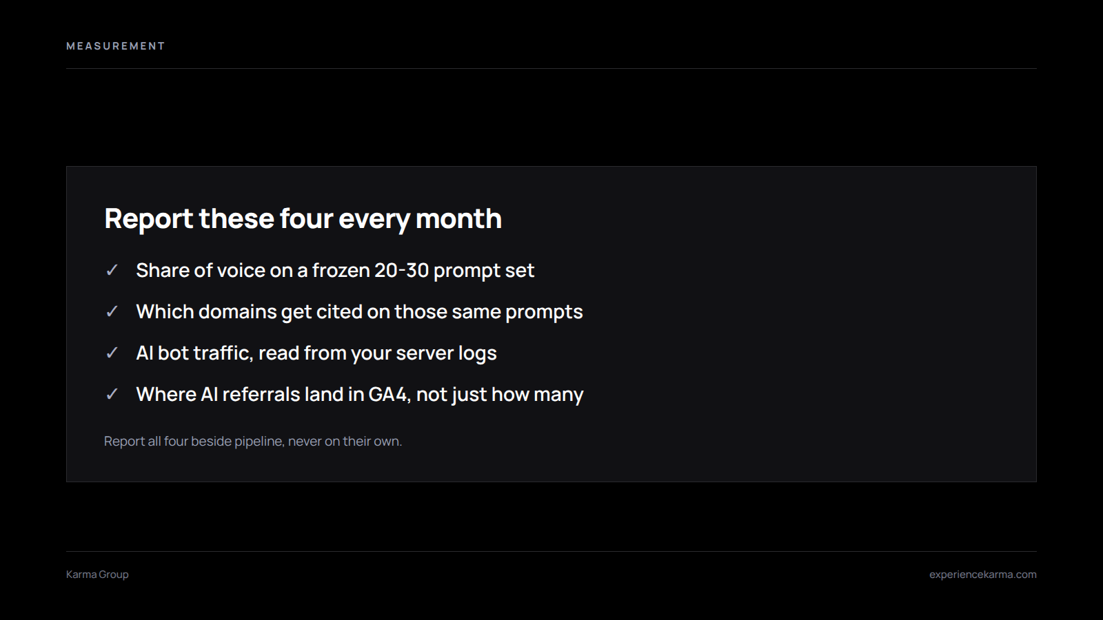 Checklist of four AI visibility measurement numbers to report monthly: share of voice, citation sources, AI bot traffic and GA4 landing behavior.