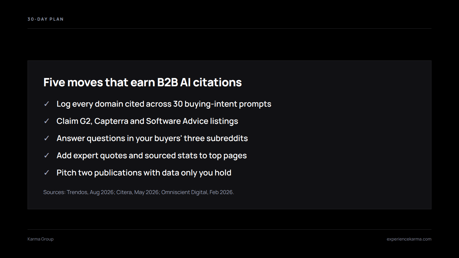 Checklist of five moves that earn B2B AI citations, from review listings to named expert quotes