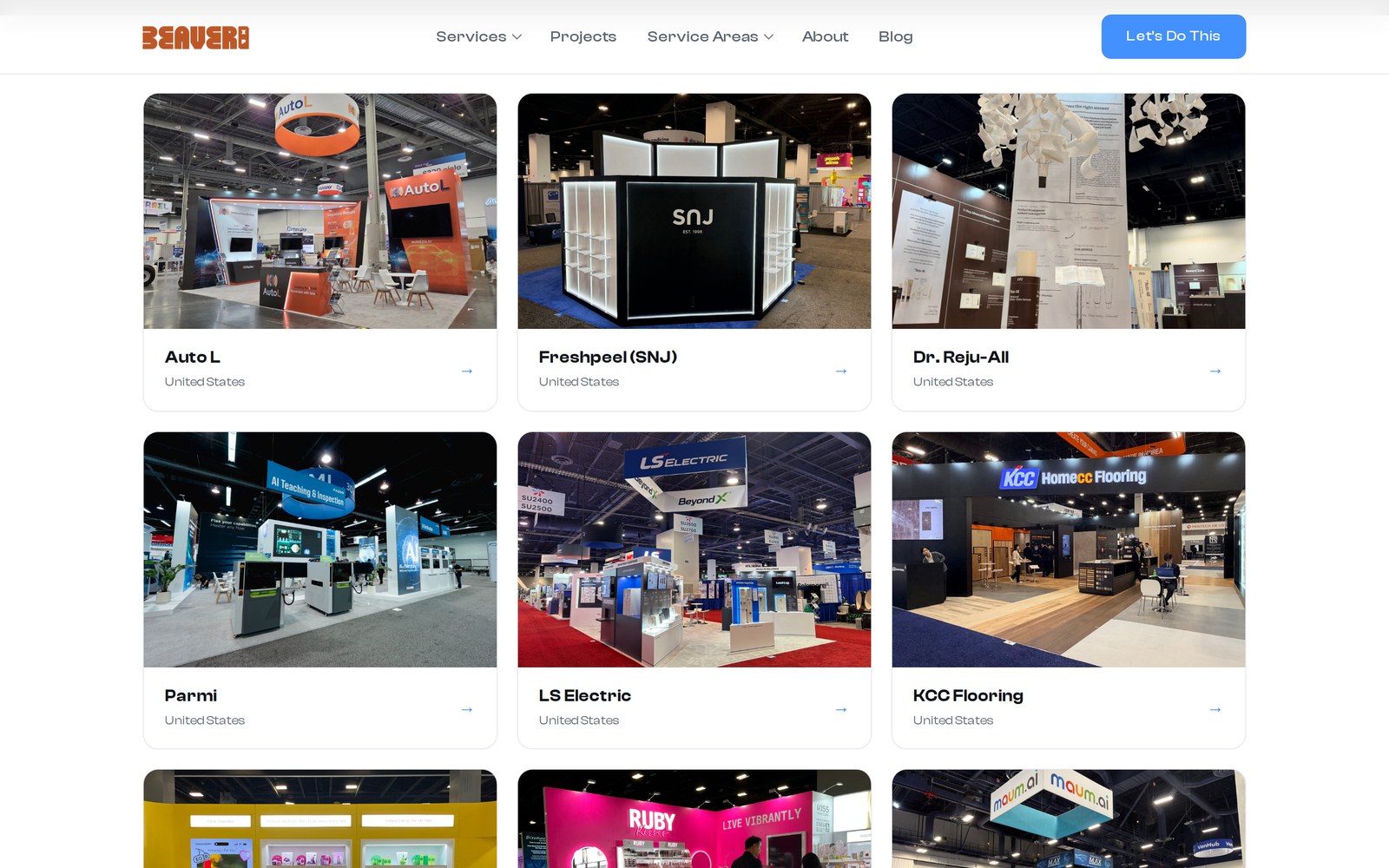 Portfolio grid on the Beaver XP website, showing individual trade show booth project pages