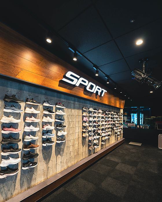 Sneaker display wall in the Skechers Japan headquarters showroom