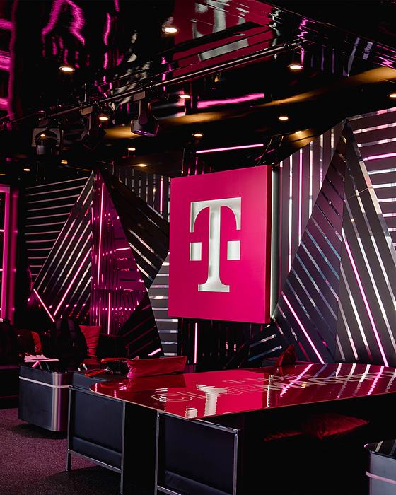 T-Mobile magenta logo on the trackside structure at the Las Vegas Grand Prix