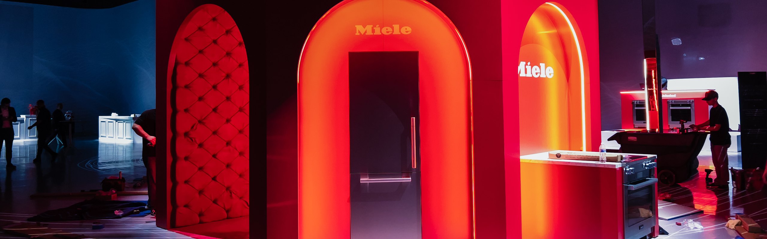 The Miele Unlocked pavilion lit in red inside AREA15 in Las Vegas