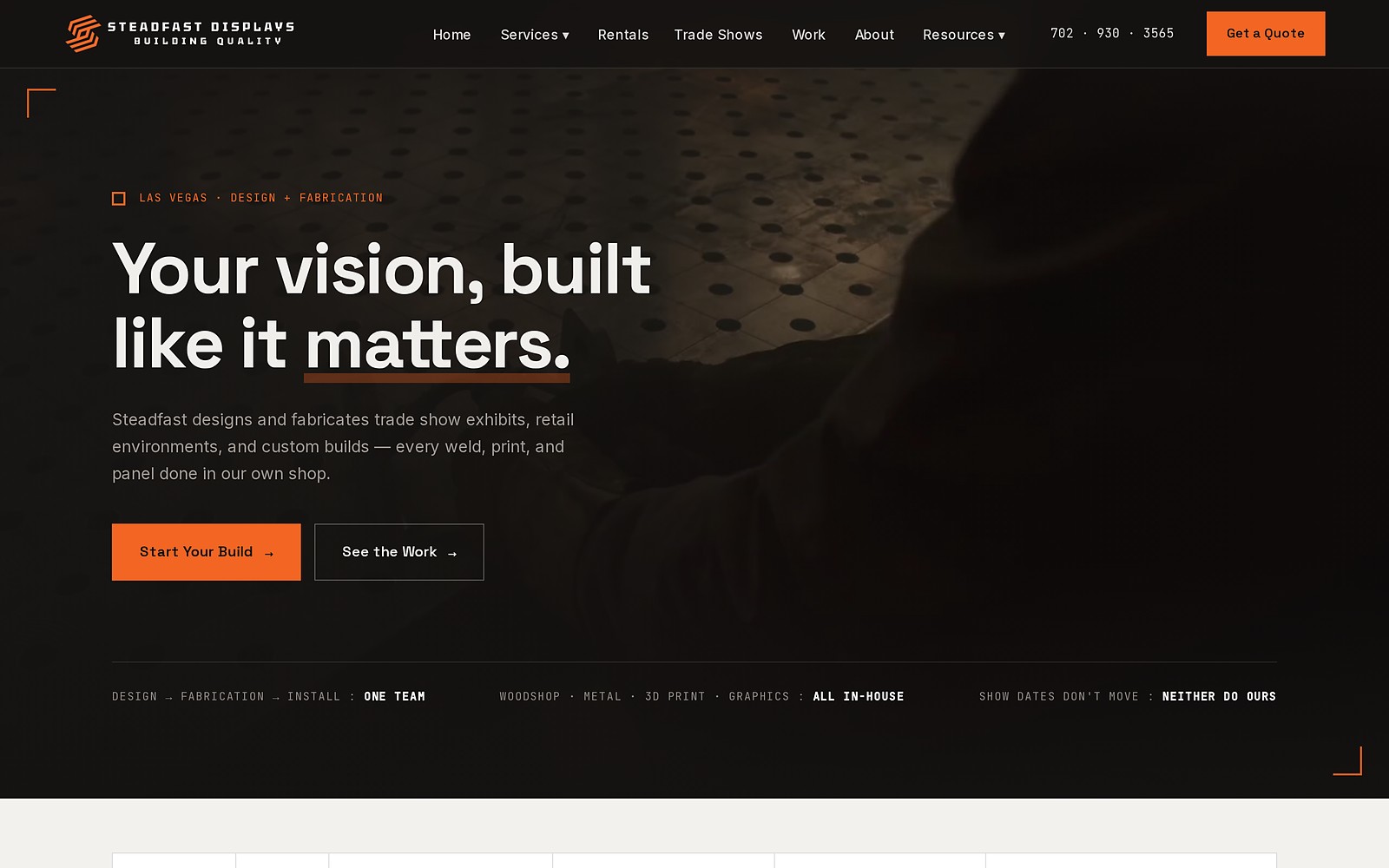 Homepage of the Steadfast Displays website built by Karma Group, showing the Las Vegas design and fabrication hero