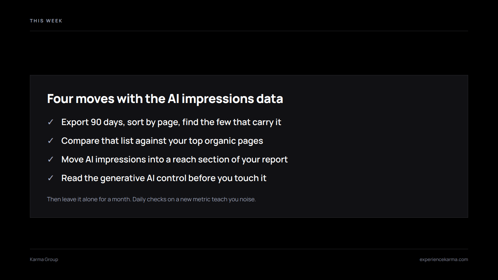 Checklist of four moves for the Search Console AI report, starting with a 90-day export sorted by page
